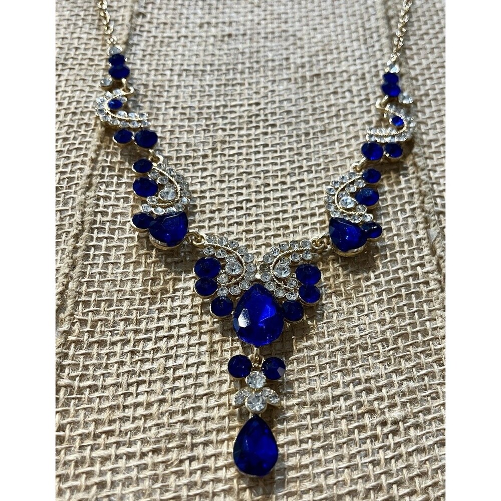 Cobalt Blue Y Drop Necklace Gold Tone Rhinestone Statement Wedding Prom - Picture 5 of 8